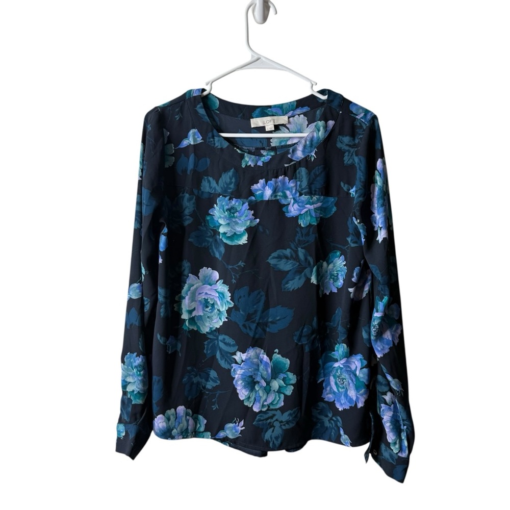 Loft Navy Blue Floral Long Sleeve Blouse Dark Moody